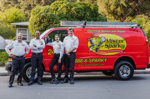 Mister Sparky Electrician Techs, Mike, Alex, Jane and Pete, standing in front of a red service van, If My House Was Hit by Lightning What Can I Do?
