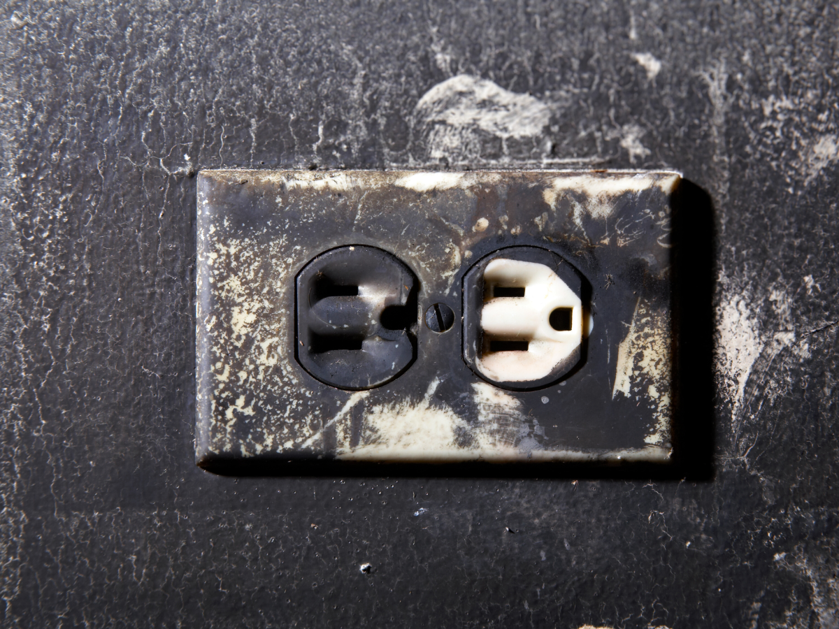 Completely charred electrical outlet